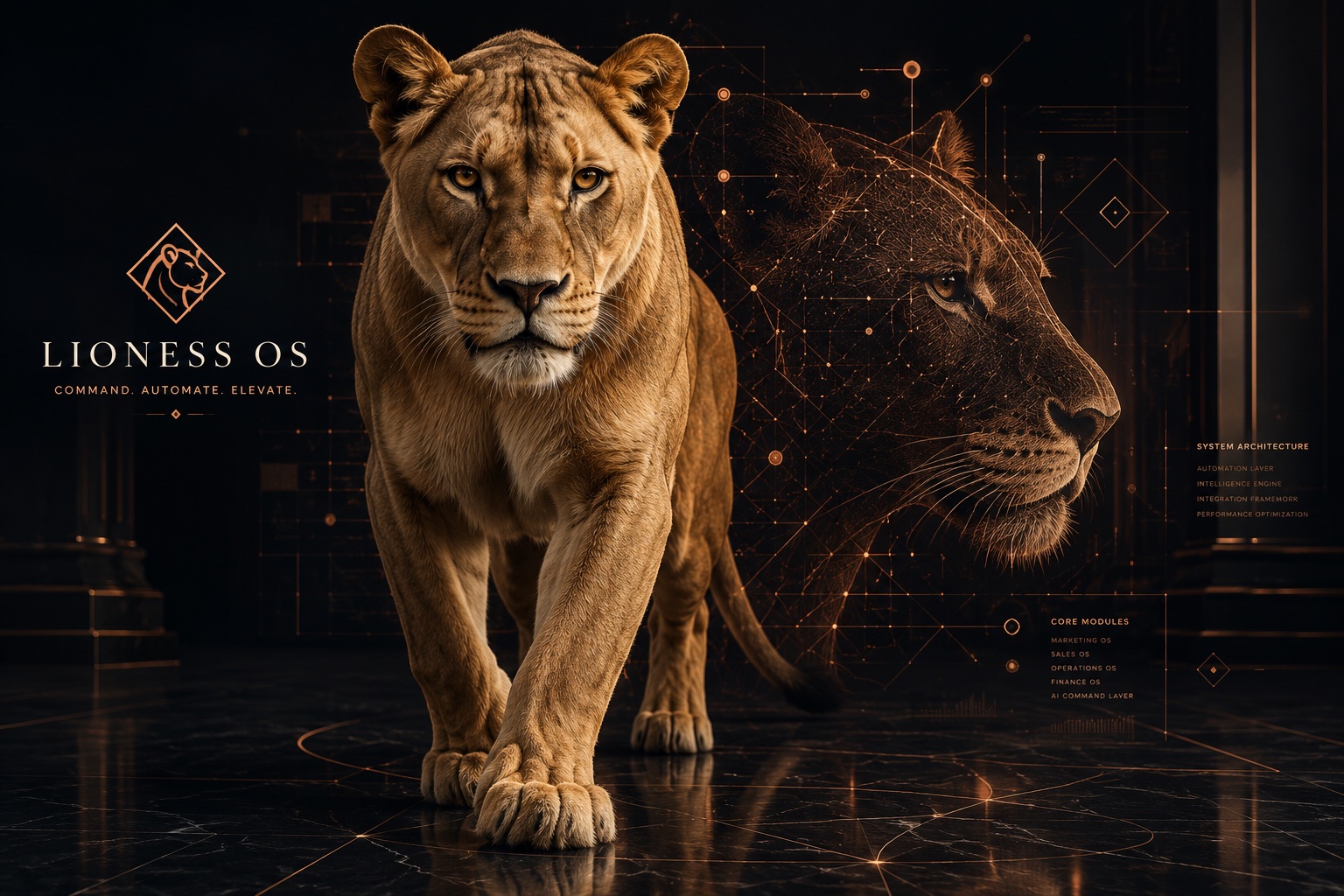 Lioness OS — a lioness striding forward beside a luminous wireframe twin, copper system-architecture lines tracing across an obsidian field